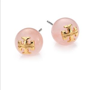 Tory burch rose quartz logo stud earrings